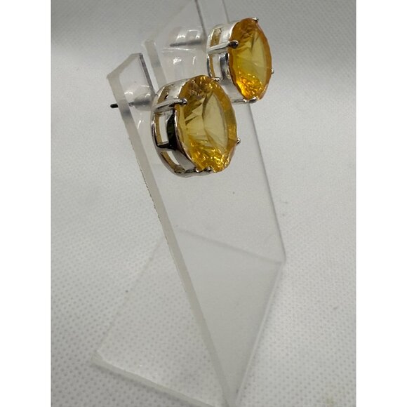 Yellow Gemstone Post Earrings With Silver Tone Setting - Picture 2 of 7